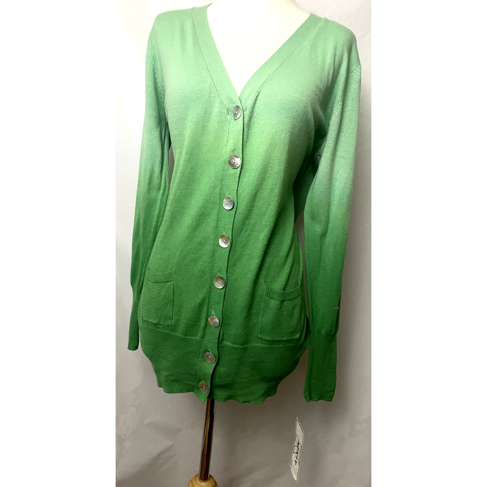 Vtg 90's KIKIT Women’s Sweater Green Combo Size L Bottom Cardigan 100% Cotton